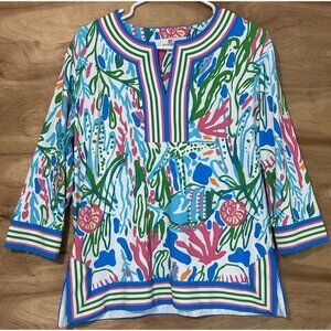 Jean Pierre Klifa Womans XL Tunic Blouse Top  V Neck Color Trimmed